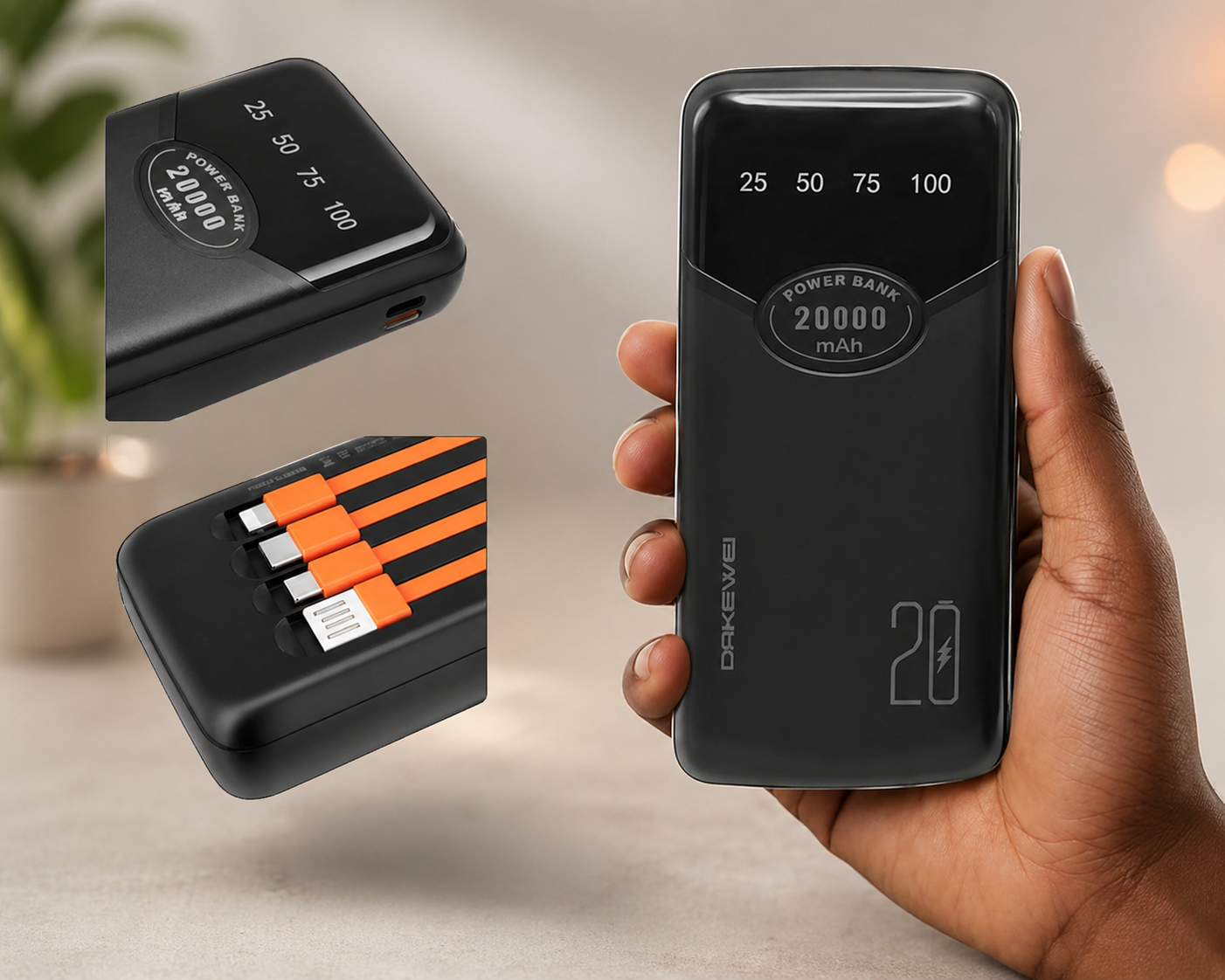 Powerbank Dakewei P25 Noir 20000mAh - Cables Integres