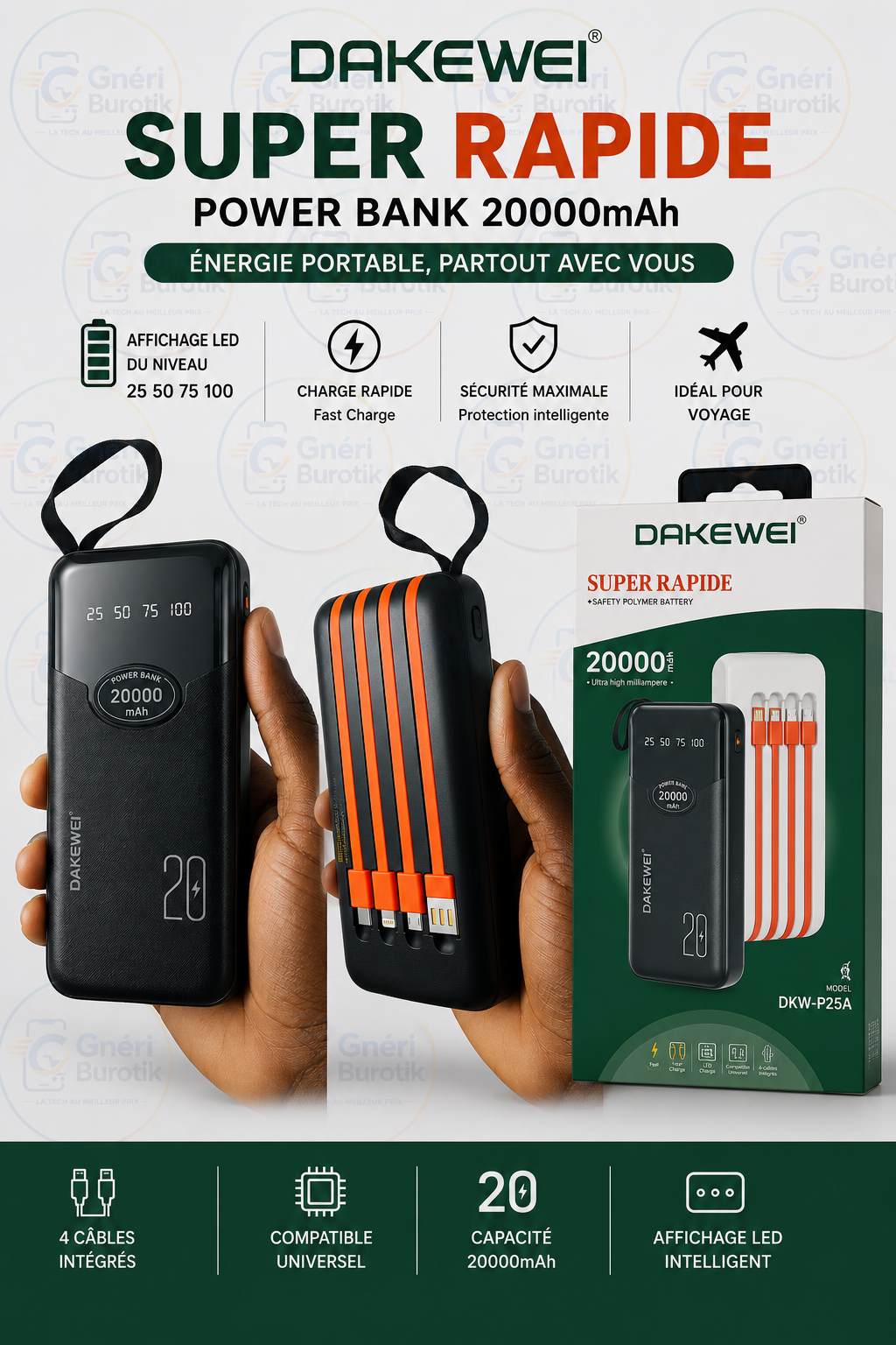 Powerbank Dakewei P25A 20000mAh Noir - Cables Integres