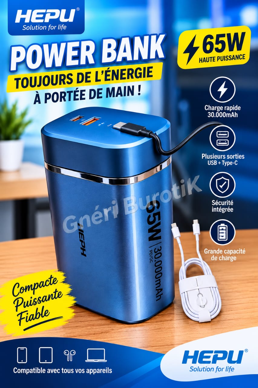 Hepu Powerbank 30000mAh HP-A39 Gris Argenté - 65W Ultra Rapide