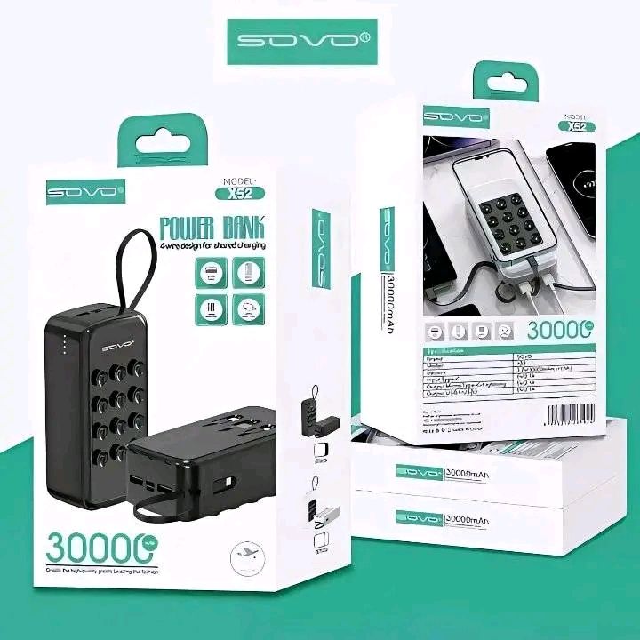 POWER BANK SOVO-X52 - 30.000mAh Noir (4 Câbles Intégrés)